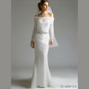 Oleg Cassini‎ Dress Wedding White  Size 6 Beaded Lace Off-the-Shoulder